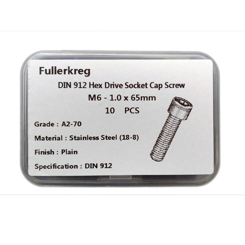 Fullerkreg M6-1.0 x 65MM Socket Head Cap Screws, Allen Socket Drive, AISI 304 Stainless Steel, Quantity 10