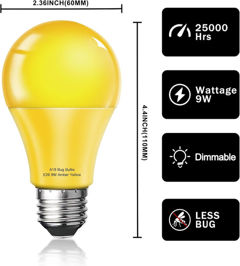 LED Bug Light Bulbs Outdoor, 8 Pack, Dimmable 9W Amber Yellow, A19 Bug Lights for Outside, Bedroom, Porch Light