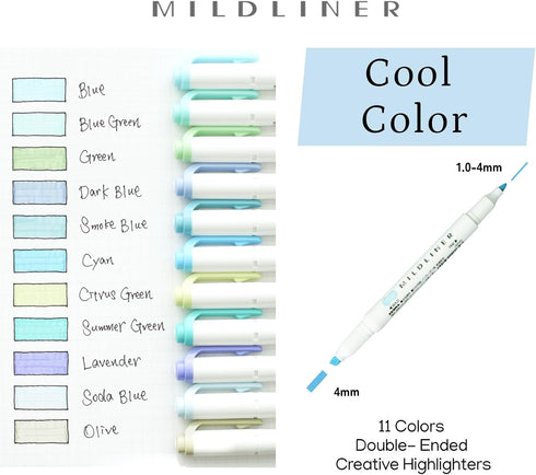 Double-Ended Creative Highlighter Cool Colors (Blue, Green, Dark Blue, Smoke Blue, Lavender, and More) with Blue Pouch