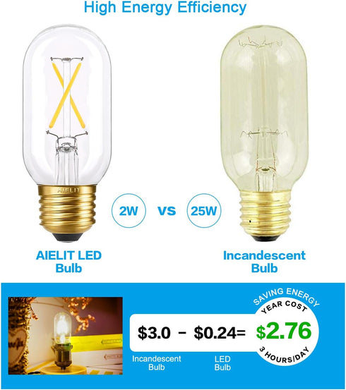 T45 E26 Bulb, Dimmable 2W(25 3000K, T14 Bulb, Bulb 6-Pack Light Watt Equivalent), Soft White LED Tubular Antique Edison
