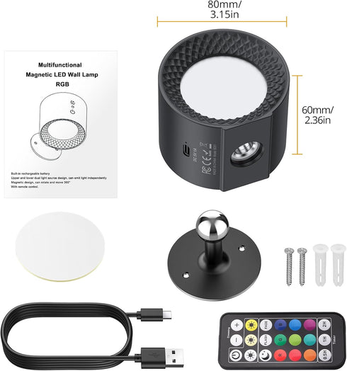 1PC 9 3 Dimming Battery Operated Wall Mounted Light with Remote, Colors RGB Rechargeable Ambient Sconce, Color