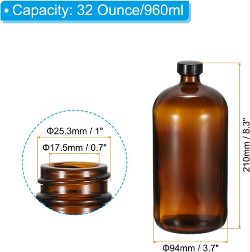 PATIKIL 32oz(960ml) Glass Sample Bottles, 1Pcs Round Bottle Dispensing Bottles with Black Poly Cone Cap for Reagent Liquids, Essential Oils, Perfume, Amber by PATIKIL