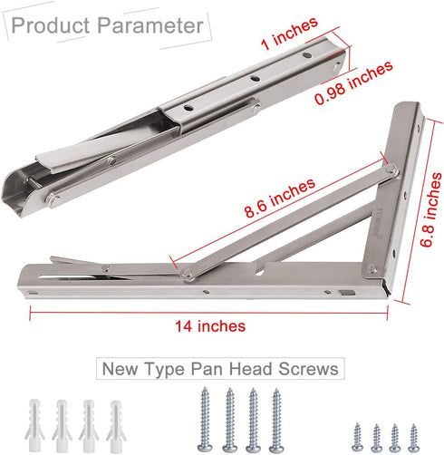 14",Heavy 330lbs Pack 2 YUMORE Folding Shelf Bracket Duty Stainless Steel Collapsible Shelf-Bracket Max Load Wall