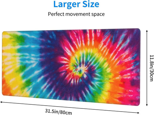 Extended Large Cool Tie Dye Art Mouse Pad, 31.5 x 11.8 Inch, Oversized Desk Mat with Stitched Edges for Home Office