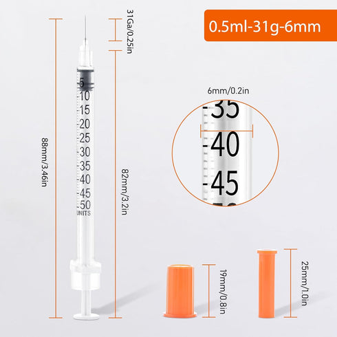U-100 1/2ml 31ga Disposable Syringe and 31G x 6 mm (1/4’’) Needle, Lab Dispensing Supplies, 100Pack