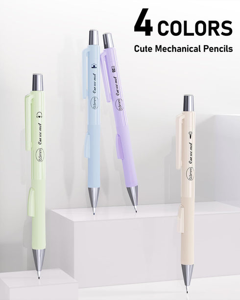 Four Candies Cute Mechanical Pencil Set with Case, 4PCS 0.5mm Pastel Fast Click Aesthetic Mechanical Pencils with 480PCS HB Lead Refills, 2 Erasers, 12 Eraser Refills School Supplies for Girls Writing by Four Candies