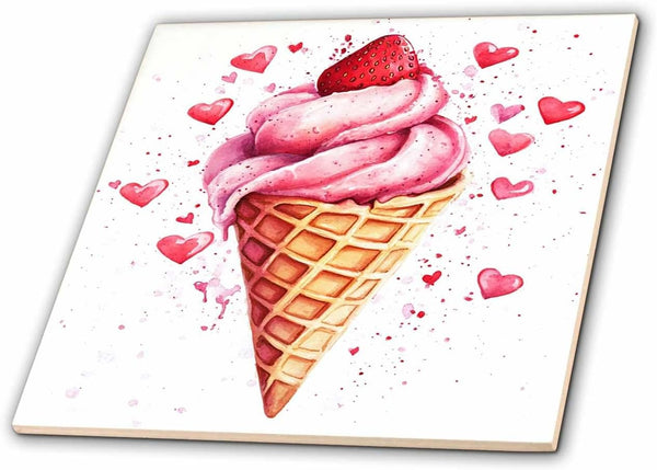 3dRose Cute Pink Ice Cream Cone Valentine Illustration 6 Inch Ceramic Tile