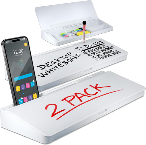 Desktop Whiteboard - Glass Dry Erase Board, 2 Pack, with Phone & Tablet Slot, 4 Markers, 1 Eraser