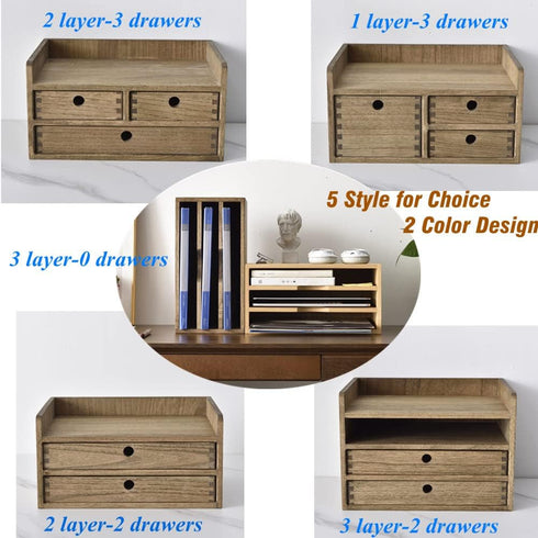 KIRIGEN Desk Organizer with 3 Drawers, Dark Brown Wooden Storage Box for Office Supplies and Toiletries