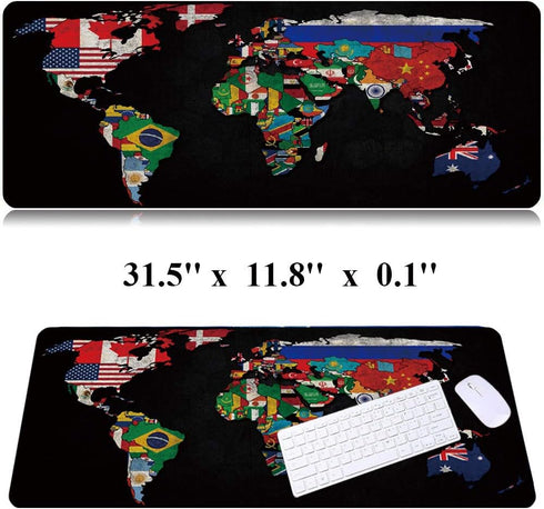 RTGGSEL 31.5x11.8 Inch Non-Slip Long Extended Gaming Mouse Pad with Stitched Edges (Black World Flag Map)