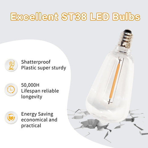 10 Pack ST38 Bulbs, Bulbs, E12 Dimmable Edison Replacement Warm White LED Clear Base, Energy-Efficient, Waterproof