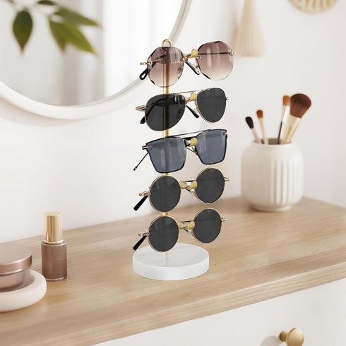 5 Dahey Sunglasses Organizer Metal Frame Glasses Holder Stand Anti Scratch Rack with Wood Tray for Eyeglasses Storage