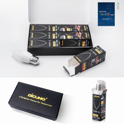 E26 Bulb, 98, 5W E26 Bulb, 5000K, C37 40W Non-dimmable, 6 Pack DiCUNO ProOE Eye-Protected LED High CRI Candle Daylight