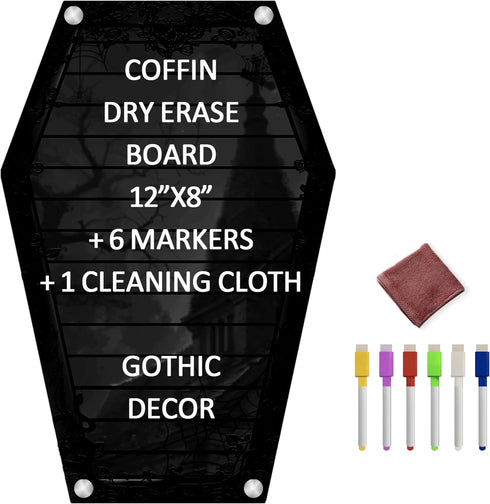 Mini Coffin Dry Erase Board, 12"x8" Magnetic Acrylic Planning Noteboard for Fridge, Gothic Halloween Decor with 6