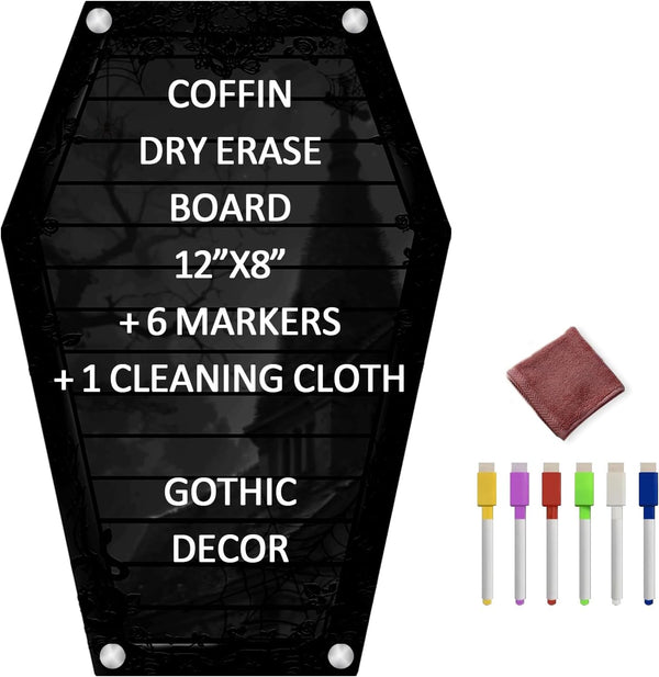 Mini Coffin Dry Erase Board, 12"x8" Magnetic Acrylic Planning Noteboard for Fridge, Gothic Halloween Decor with 6