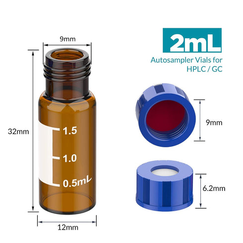 Membrane Solutions Autosampler Vials, 2ml HPLC Vials with Write-on Spot, 100 Pcs with Blue ABS Screw Caps
