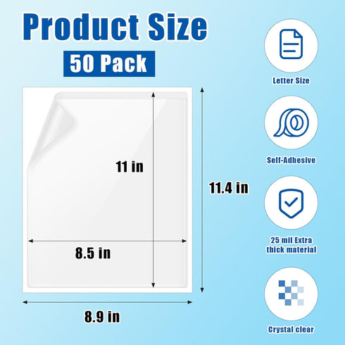 50-Pack 8.5 11 (50) TOTiyea Clear Adhesive Pockets, Letter Size x Self-Stick Sheet Protectors for Classroom & Office