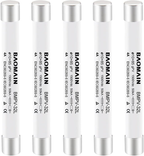 Baomain 5 Pack 1500VDC Solar PV Fuse gPV-Type Fuse Link 10 x 85 mm 50kA Photovoltaic Fuses BMPV-32L CE (4 Amp.)