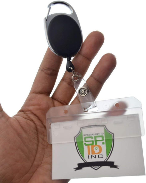 Specialist ID Premium 2 Pack Carabiner Badge Reels with Half Card Holders - Secure Swipe Access for POS Cards