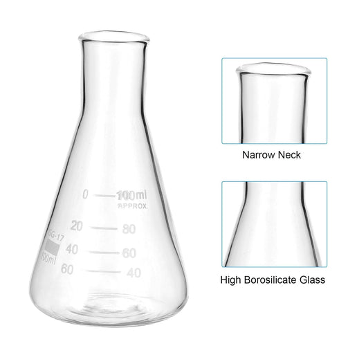 PATIKIL Erlenmeyer Flask, 3 Pcs 100ml Narrow Mouth Graduated Borosilicate Glass for Lab Experiments