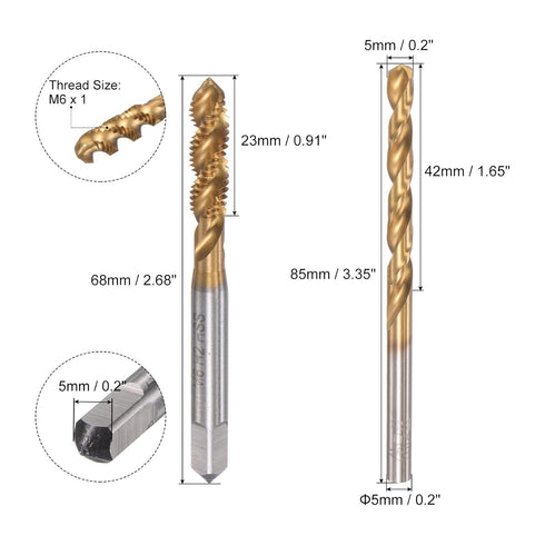 uxcell M6 x 1 Spiral Flute Tap and 5.0mm Twist Drill Bit Set, Metric Titanium Plated 6542 High Speed Steel Machine Threading Screw Thread Tap Drilling Tool