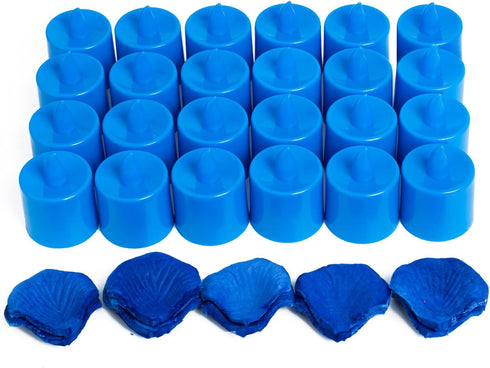 LANKER 500 PCS Blue Artificial Rose Petals with 24 Bright Flickering Blue Flameless LED Tea Lights for Valentine's