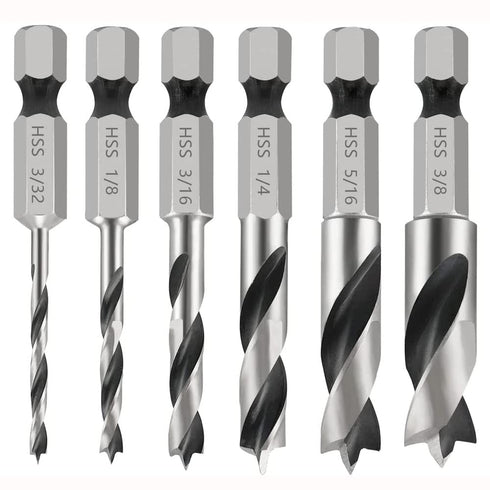 6Pcs Brad Point Drill Bits Stubby Set for Wood | 4241 High Speed Steel Spiral Twist Bit 1/4" Quick Change Hex Shank