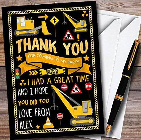 The Card Zoo Black Digger Construction Personalized Childrens Birthday Party Thank You Cards