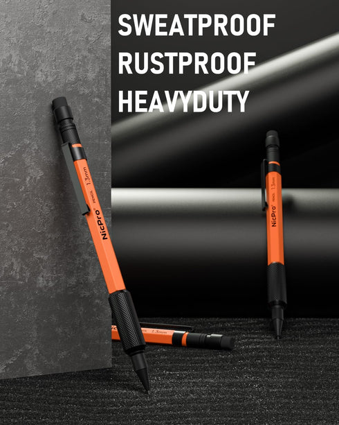 Nicpro 1.3 mm Mechanical Pencils Set - Black & Colors, Eraser, Weatherproof Metal Heavy Duty Carpenter Pencil