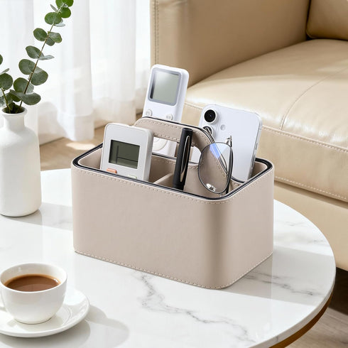 Caddy Organizer with Handle, PU Leather Remote Control Holder Desk Caddy, Portable Makeup Remote Organizer for Table