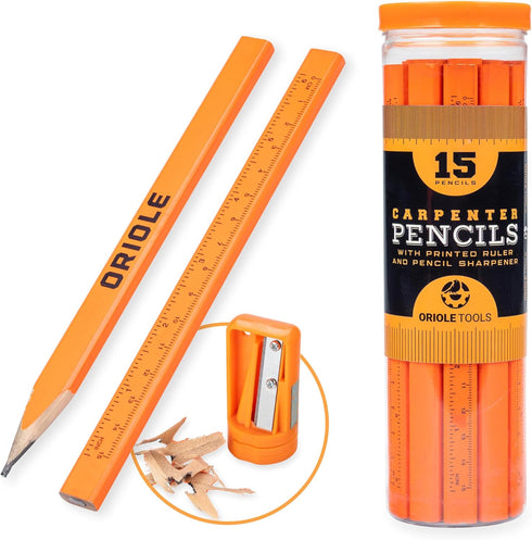 Professional Carpenter Pencils Kit with Storage: 15 Flat Pencils, Sharpener, Durable PVC Container for Construction