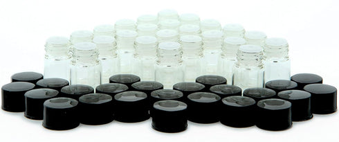 Vivaplex 24 Clear 2 ml (5/8 Dram) Glass Bottles with Black Caps and Orifice Reducers