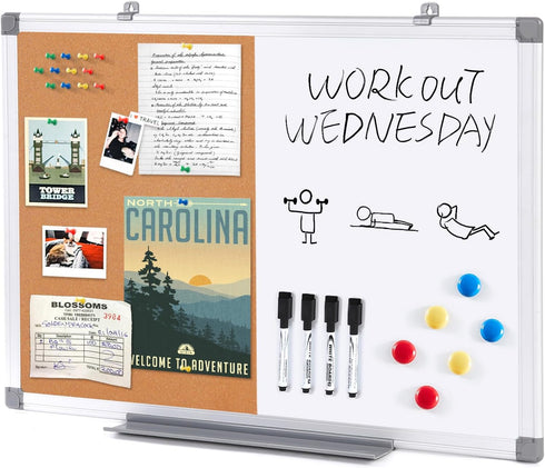 Dry Erase Board Cork Board Combo, 24"x18", Magnetic White Board and Bulletin Pin Board, Silver Frame