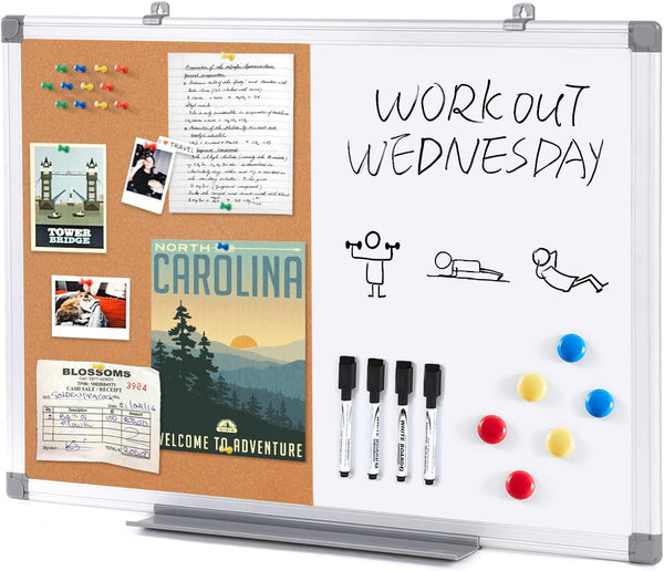 Dry Erase Board Cork Board Combo, 24"x18", Magnetic White Board and Bulletin Pin Board, Silver Frame