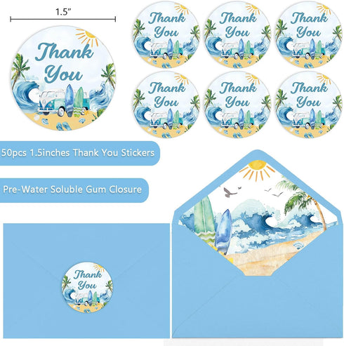 Yuzioey 50 Pack 4x6 Summer Surfing Thank You Cards, Wave Beach Thank You Notes with Matching Envelopes & Stickers