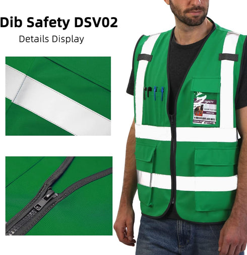 Reflective Vest High Visibility with Pockets and Zipper, Green L