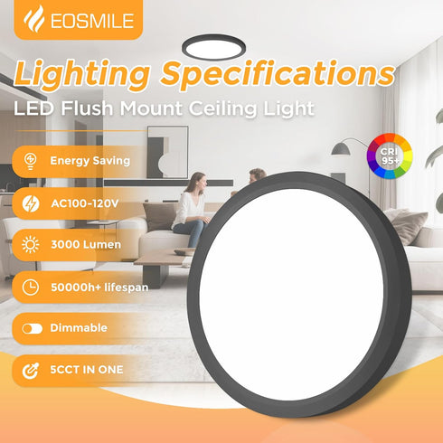 2Pack 12 Inch 25W, 3000LM, 95+, 2700K-5000K 5CCT Dimmable, LED Flush Mount Ceiling Light, CRI & Black Round Surface