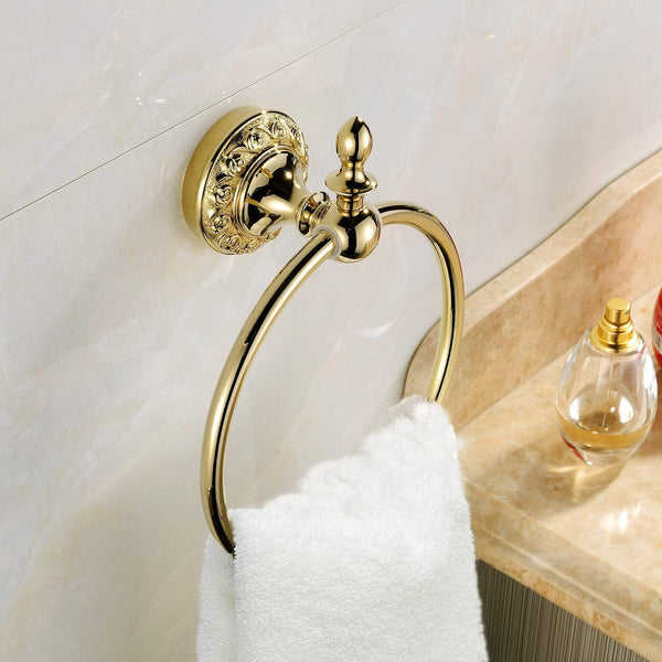 Leyden Polished Gold Towel Ring, Round Wall Mounted Bathroom Hand Towel Holder