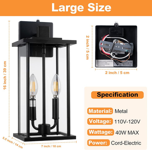 16" E12 Bulbs, 2 Pack) Motion Sensor Outdoor Wall Lights, Waterproof Large Exterior Sconce, Compatible with Base Modern