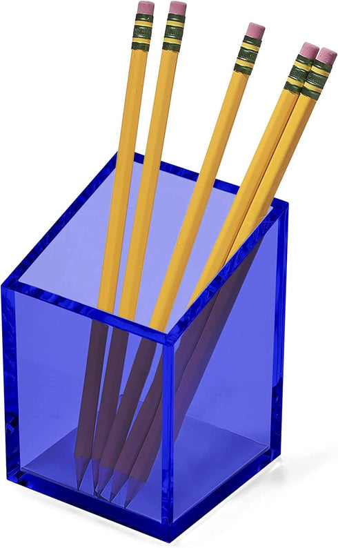 OfficeGoods Acrylic Pen & Pencil Holder, Modern Trapezoid Design Desk Organizer for Home or Office - Blue with Metal