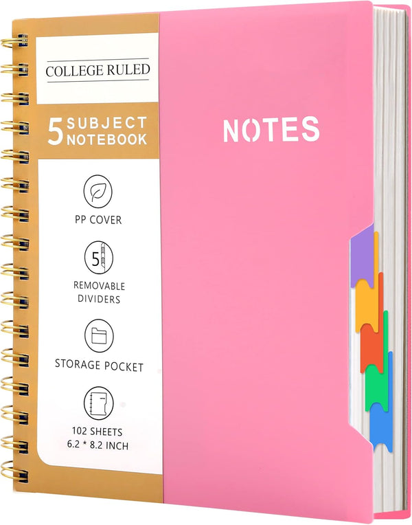 CAGIE 5 Subject College Ruled Notebook, 6'' x 8'' Hardcover with 5 Removable Dividers, 204 Pages