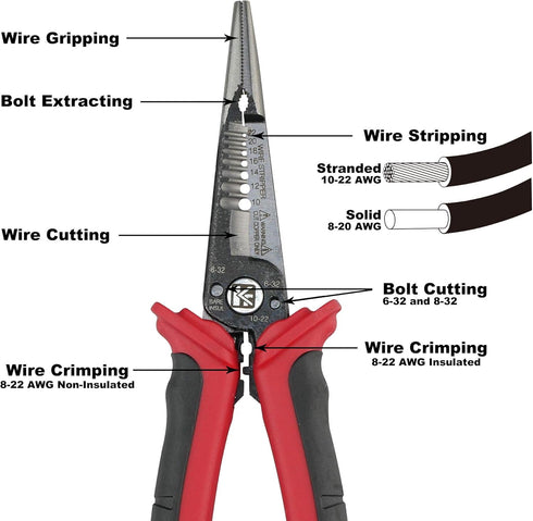 K601 6-In-1 Combination Wire Service Tool, Stripping, Crimping, Gripping Pliers, 8-1/2" Electrician Pliers