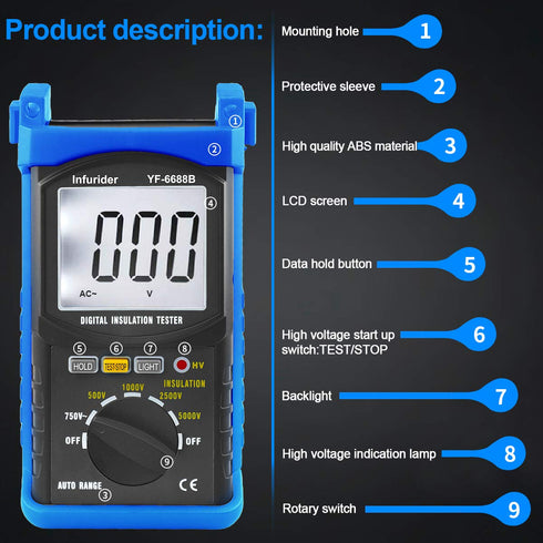 YF-6688B Digital Insulation Resistance Tester MegOhmmeter, Test Voltage 5000V, Insulation Resistance 200G Ohms