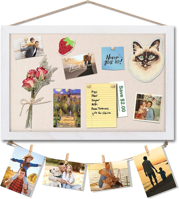 Miratino Cork Board Bulletin Board 16"x11" White Linen with Frame Pin Board Vision Board for Home Kitchen School Office