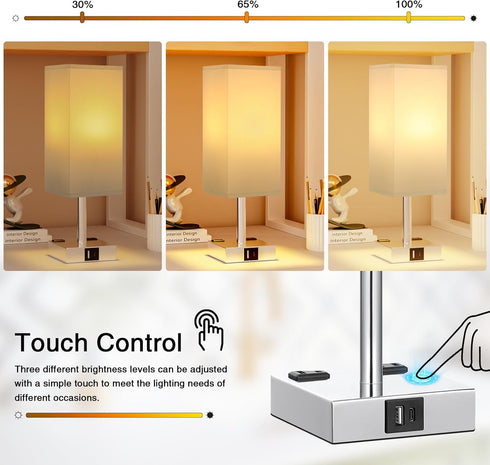 3-Way Dimmable E26 Bulb Touch Bedside Table Lamp for Nightstand - Night Lamp with USB A + Type C Charging Ports and Two