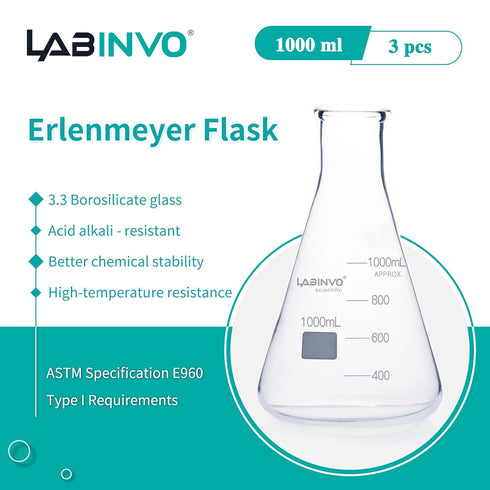 1000ML Glass Erlenmeyer Flask Set, 3pcs Narrow Mouth Graduated Conical Flask with Marking Spot, Borosilicate Glass