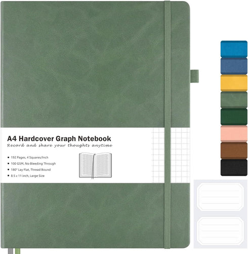 Graph Paper Notebook - Hardcover 8.5 x 11, Grid Journal for Writing, Thick Paper, Olive Leather for Work