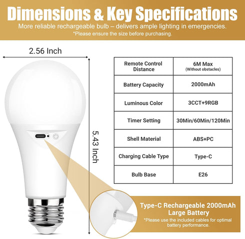 Yochoice Bulb Dimmable A19 Bulb 9 3 Bulb Non-Hardwired2 Pack Rechargeable Battery Operated Light with Remote Control