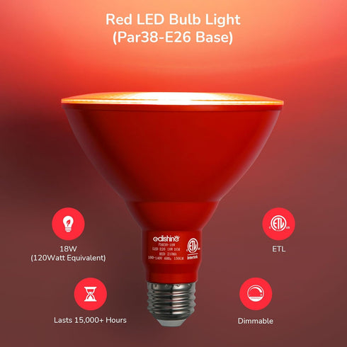 EDISHINE Dimmable Red LED Light Bulb, 2 Pack, PAR38 Red Flood Light, 18W (120W Equivalent) for Halloween Decoration