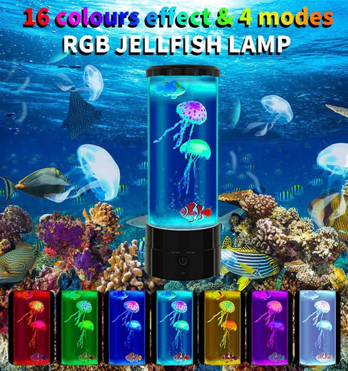 FineLiMoLa 12"-Black 2 2 Fish,16 Jellyfish Lamp Minimalist Cylinder Table Lamp with Large Jellyfish & Color Changing